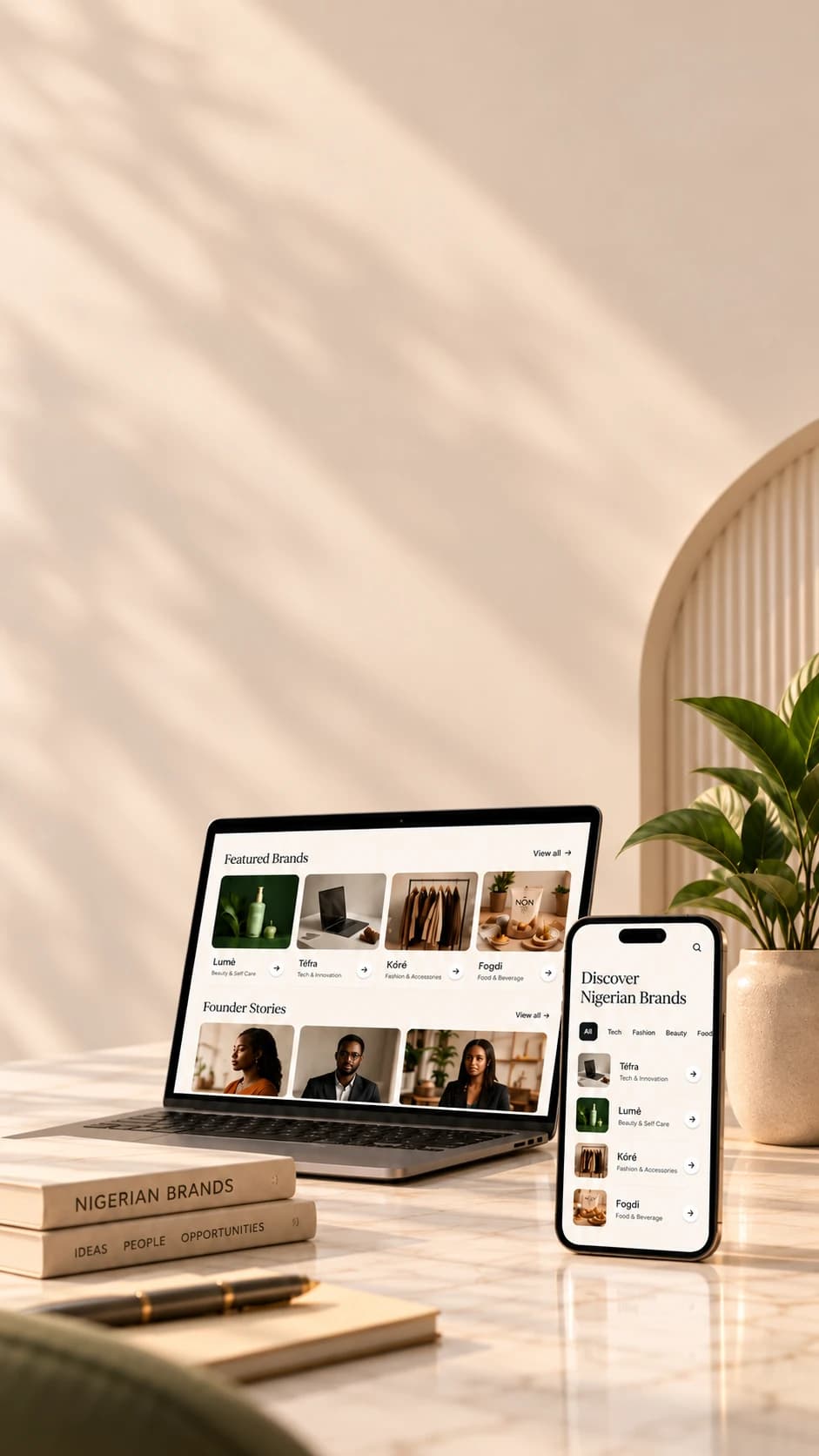 Brandisby shown on a laptop and phone, browsing featured Nigerian brands and founder stories